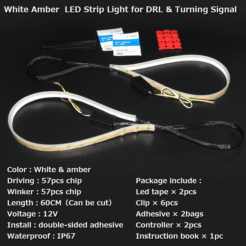 OPP ULITE White Amber Switchback Led Strip Lights, White DRL Amber Sequential Flowing Turn Signal Light, 114 PCS Led Chip Waterproof Car Flexible Tube Easy Paste Install, 2PC Pack - Image 5